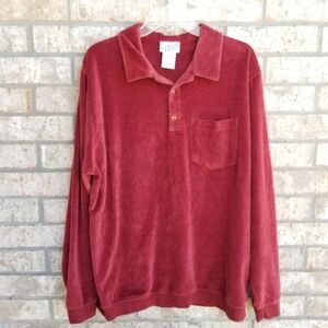 Vintage 90s MAROON Velour Banded Bottom Polo Shirt (Men XL) LongSleeve RETRO Top